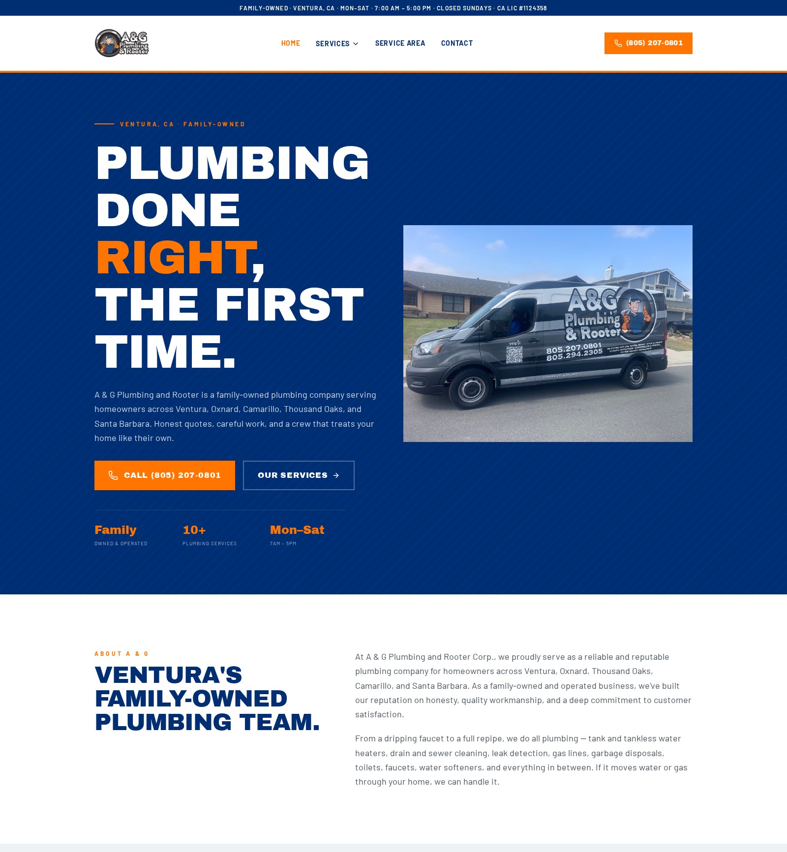 Homepage of the A&G Plumbing and Rooter website, professionally built by Justified Media